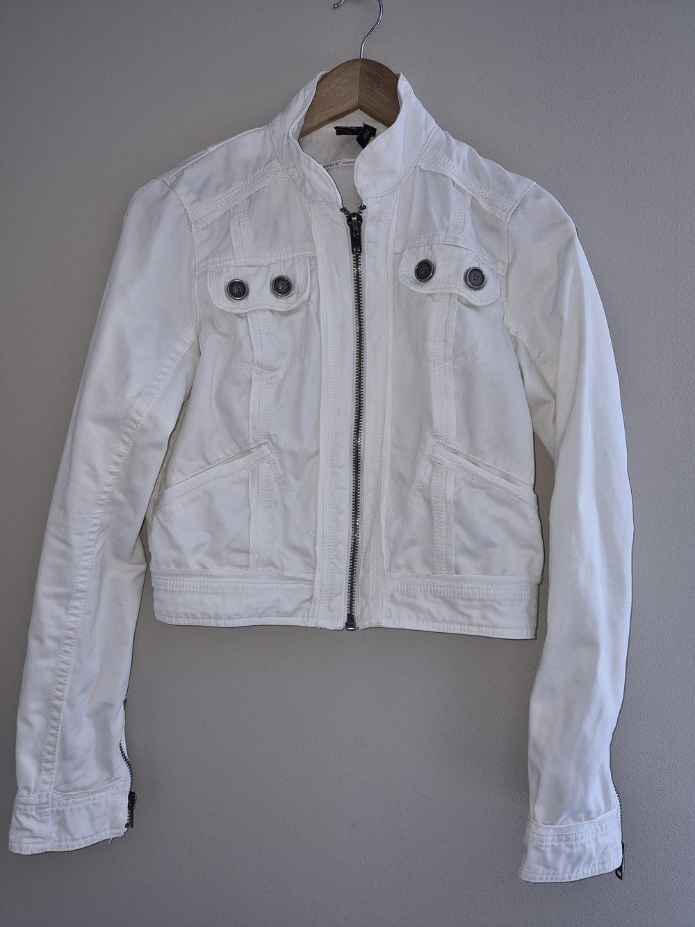 Buffalo David Bitton White Cropped Moto Jacket Zip Cuff Womens Small